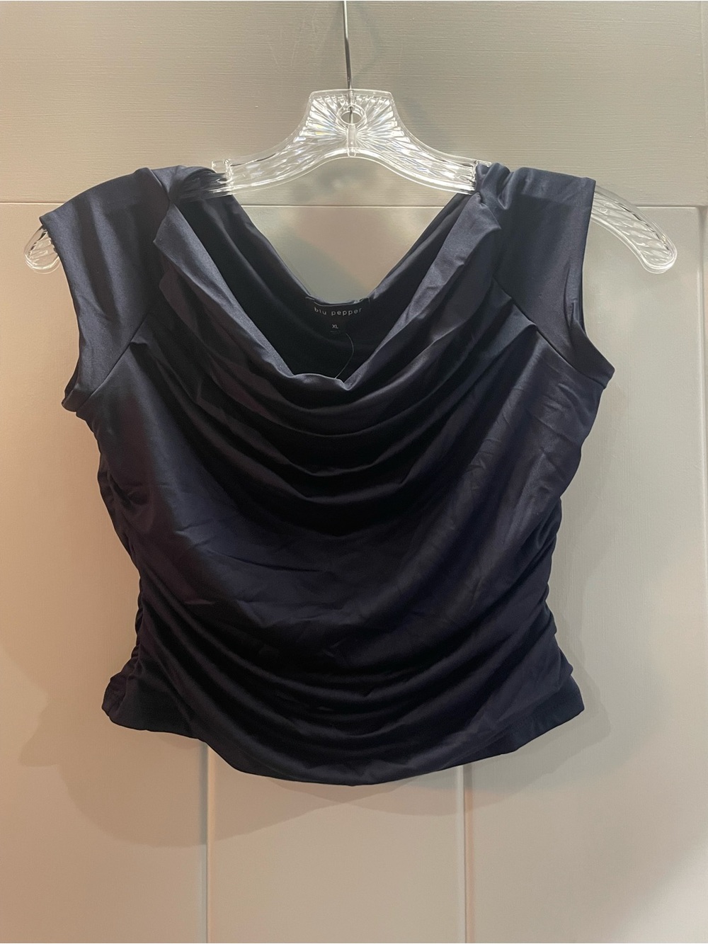 Blu Pepper Dark Navy Draped Cowl Neck Cap Sleeve Top